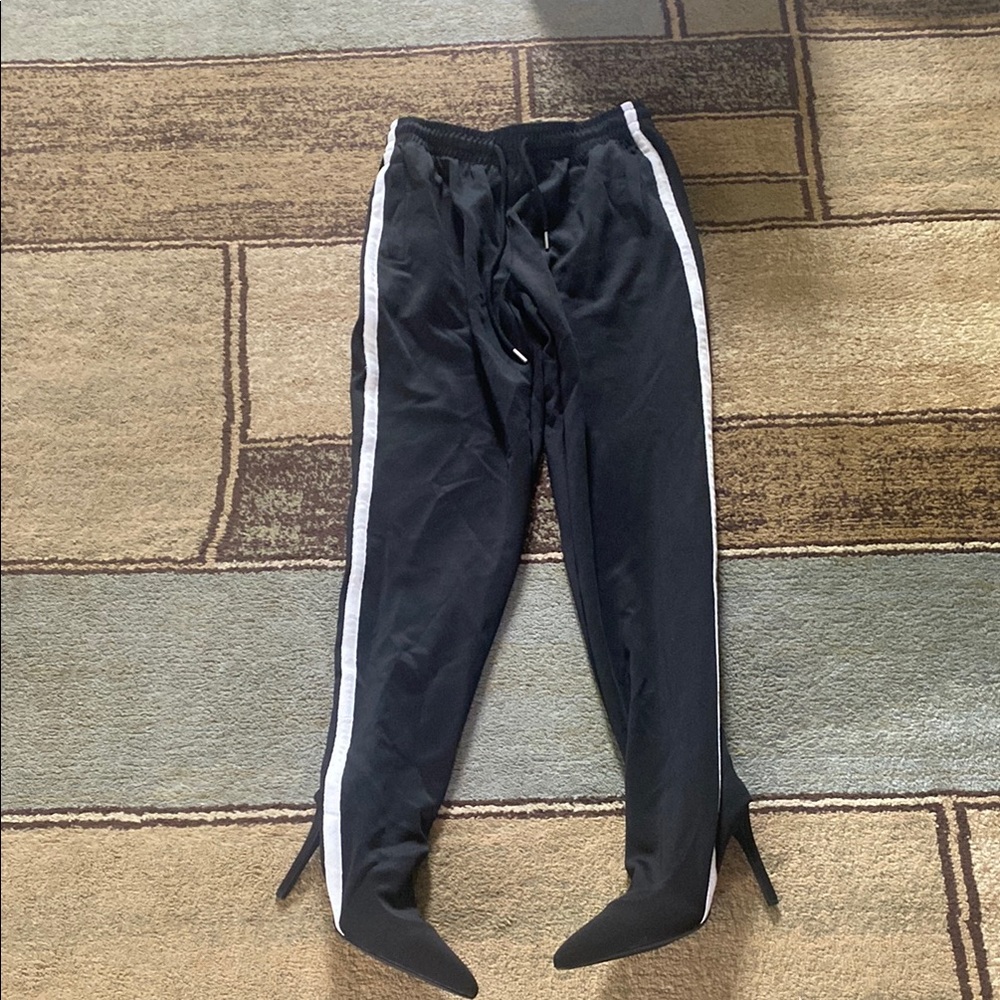 New in the box black  Pants with White Stripes  boots Heels size 8.5
